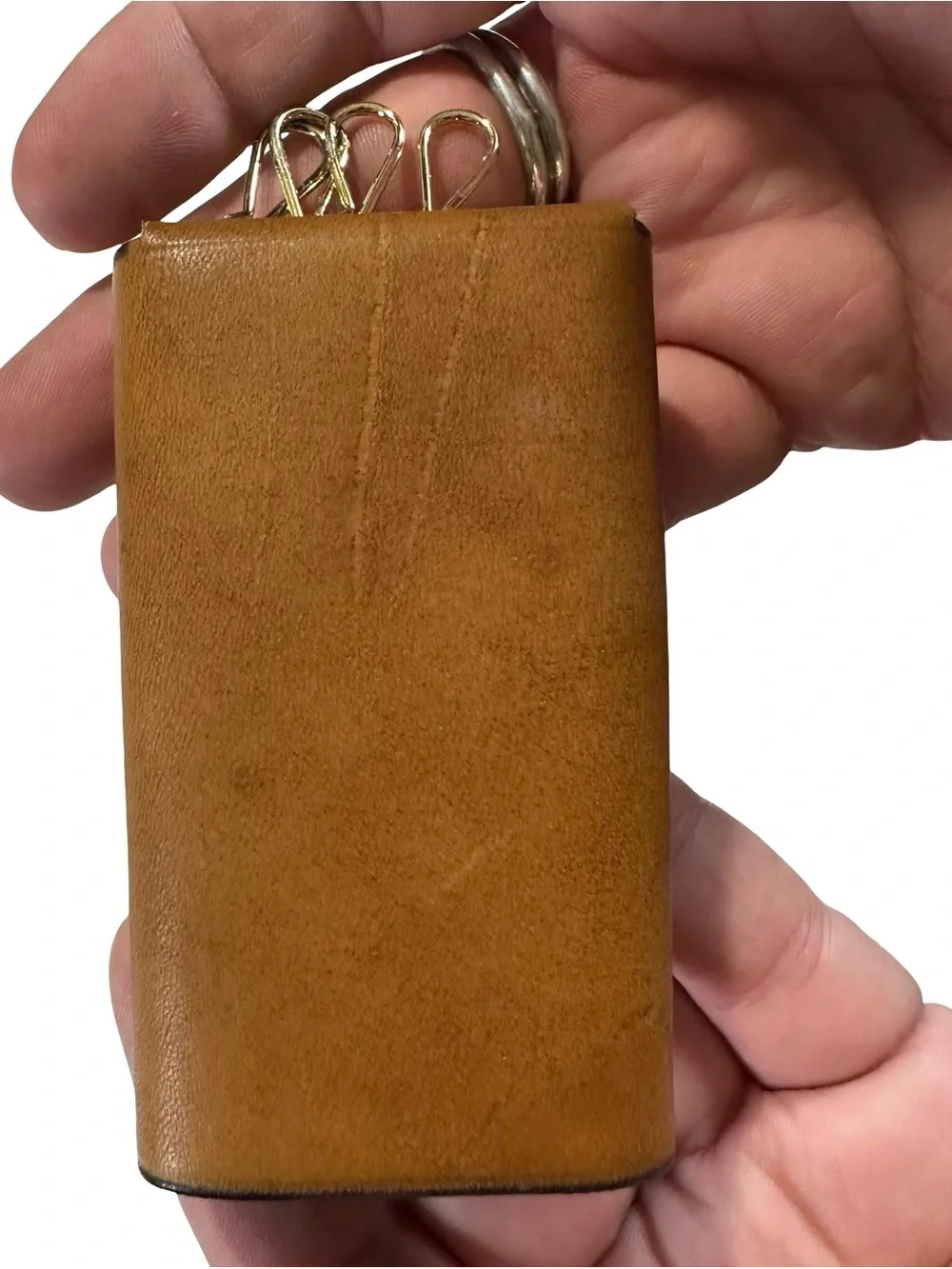 Vtg Rolfs Tan Cowhide Leather Key Kaddy 6 Hook Wallet Holder Case Gold Box NOS